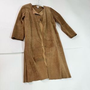 Chicos Leather Trench Coat Womens Medium Tan Open Front Long Lightweight Suede